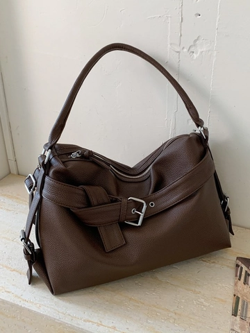 Women Large Capacity PU Leather Tote Bag Slouchy Minimalist Shoulder Bag Casual Commute Handbag With Metal Buckle Pleated Decor
