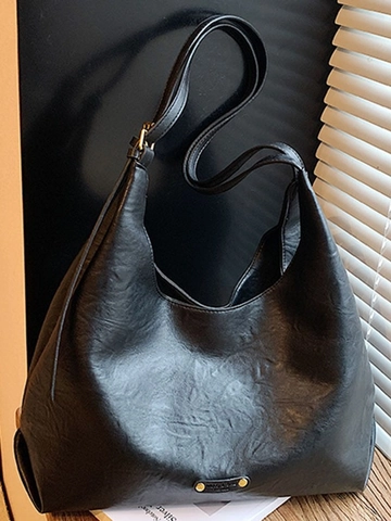 Vintage Large Capacity Tote Bag For Women Minimalist PU Leather Shoulder Bag Fashion Hobo Commuter Handbag Metal Plate