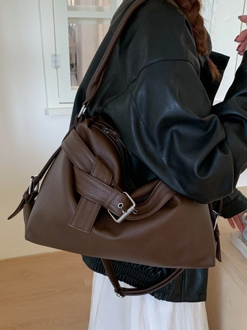 Women Large Capacity PU Leather Tote Bag Slouchy Minimalist Shoulder Bag Casual Commute Handbag With Metal Buckle Pleated Decor