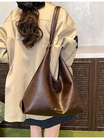 Vintage Large Capacity Tote Bag For Women Minimalist PU Leather Shoulder Bag Fashion Hobo Commuter Handbag Metal Plate