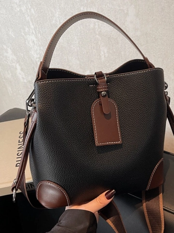 Damen Vintage PU Leder Beuteltasche Breiter Schultergurt Kontrastfarbe Ziernähte Mode Umhängetasche Große Kapazität Handtasche