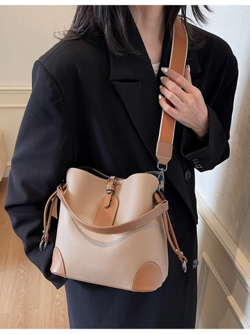 Damen Vintage PU Leder Beuteltasche Breiter Schultergurt Kontrastfarbe Ziernähte Mode Umhängetasche Große Kapazität Handtasche
