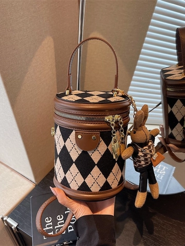 Vintage Argyle Cylinder Bucket Bag For Women Fashion Canvas Patchwork Shoulder Bag With Cute Rabbit Charm Crossbody Handbag