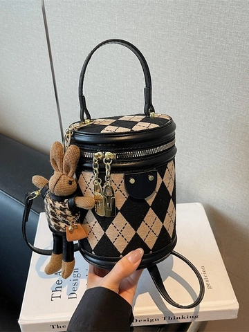 Vintage Argyle Cylinder Bucket Bag For Women Fashion Canvas Patchwork Shoulder Bag With Cute Rabbit Charm Crossbody Handbag
