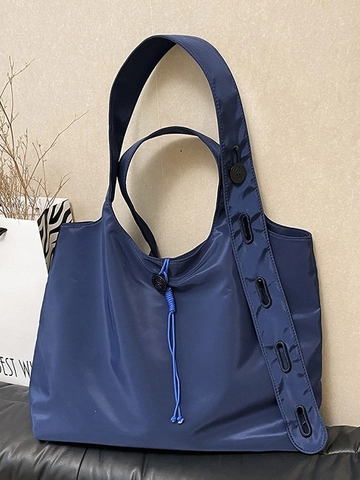 Women Casual Nylon Foldable Large Capacity Tote Bag Minimalist Drawstring Button Decor Shoulder Bag Portable Shopping Handbag