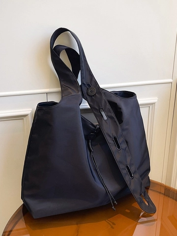 Women Casual Nylon Foldable Large Capacity Tote Bag Minimalist Drawstring Button Decor Shoulder Bag Portable Shopping Handbag