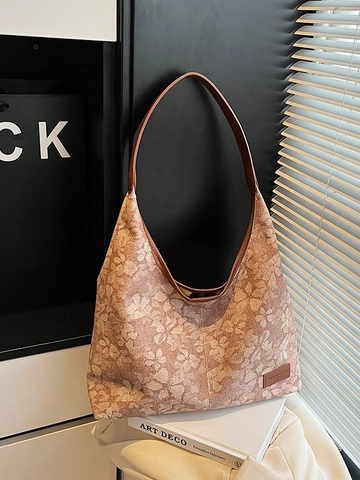 Women Large Capacity Floral Print PU Shoulder Bag Vintage Hobo Tote Bag For Commuting Daily Casual Shopping Bag