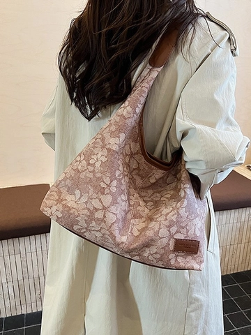 Women Large Capacity Floral Print PU Shoulder Bag Vintage Hobo Tote Bag For Commuting Daily Casual Shopping Bag