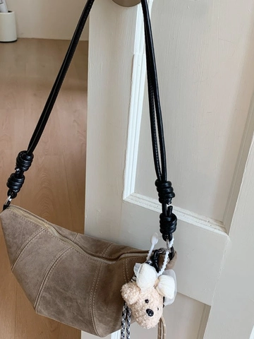 Borsa a Tracolla Vintage in Camoscio a Forma di Dumpling per Donna Borsa a Spalla Casual Tinta Unita a Mezzaluna con Tracolla a Nodo