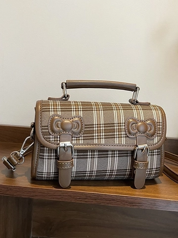 Dames Retro Ruitjes PU Leer Crossbodytas Mode Zoete Strik Kleine Vierkante Handtas British Style Klep Schoudertas