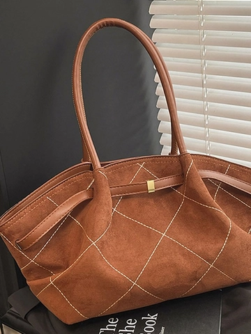 Vintage PU Leder Gesteppte Tote Bag Für Damen Große Kapazität Rautenmuster Schultertasche Retro Wildleder Textur Pendler Handtasche