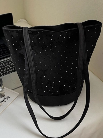 Women Large Capacity Canvas PU Tote Bag Butterfly Polka Dot Print Rivet Shoulder Bucket Bag Fashion Travel Daily Work Handbag