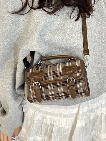 Dames Retro Ruitjes PU Leer Crossbodytas Mode Zoete Strik Kleine Vierkante Handtas British Style Klep Schoudertas
