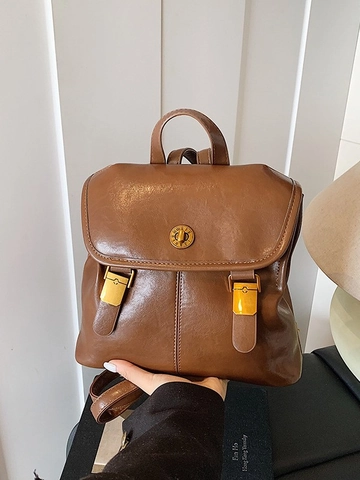 Women Retro PU Leather Fashion Backpack British College Style Simple Minimalist Daily Travel Shoulder Bag With Metal Twist Lock