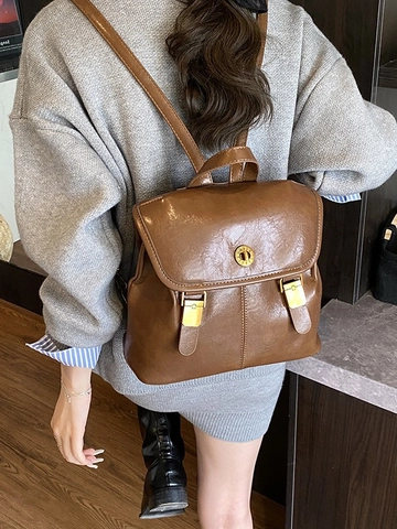 Women Retro PU Leather Fashion Backpack British College Style Simple Minimalist Daily Travel Shoulder Bag With Metal Twist Lock