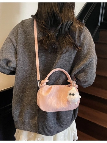 Women Fashion PU Leather Pleated Cloud Bag Casual Crossbody Handbag With Cute Monster Plush Charm Elegant Stitching Bag