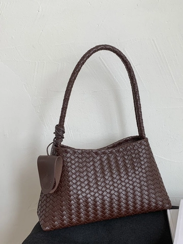 Women Woven PU Leather Bucket Bag Minimalist Niche Shoulder Crossbody Bag Retro Handwoven Hobo Handbag With Sub-Bag Casual Large Tote