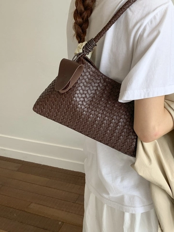 Women Woven PU Leather Bucket Bag Minimalist Niche Shoulder Crossbody Bag Retro Handwoven Hobo Handbag With Sub-Bag Casual Large Tote