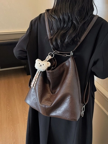 Women Large Capacity PU Leather Backpack Vintage Pleated Tote Bag With Bear Pendant Retro Soft Shoulder Bag For Daily Casual