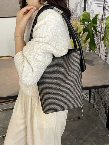 Women Fashion Woven Bucket Bag PU Leather Trim Shoulder Handbag Simple Casual Beach Vacation Single Shoulder Bag