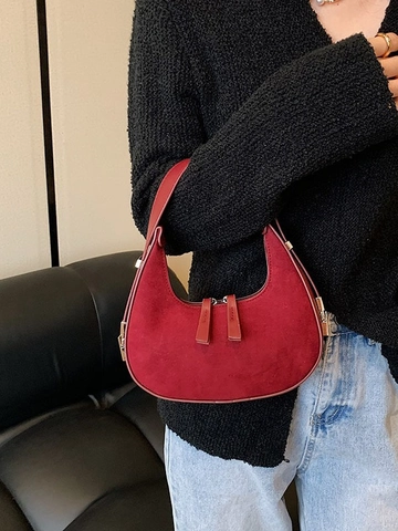 Sac Sous le Bras en Cuir PU Mat Vintage pour Femmes Sac à Épaule Hobo Rétro Croissant Avec Fermeture Éclair Minimaliste