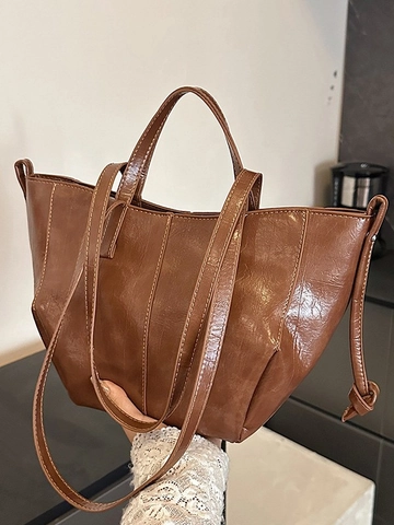 Women Retro PU Leather Tote Bag Large Capacity Casual Versatile Shoulder Bag Elegant Stitching Commuter Handbag For Ladies