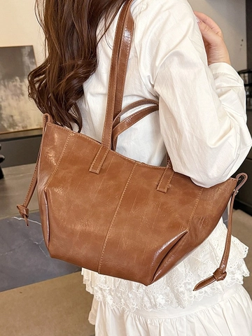 Women Retro PU Leather Tote Bag Large Capacity Casual Versatile Shoulder Bag Elegant Stitching Commuter Handbag For Ladies