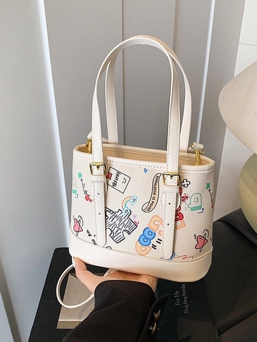 Borsa a Secchiello da Donna Bianca con Stampa Graffiti in Pelle PU Motivo Cartoon Borsa a Mano con Tracolla Regolabile