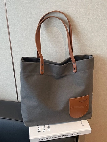 Women Large Capacity Canvas Tote Bag Retro Casual Shoulder Bag With Leather Strap Simple Korean Style Everyday Commuting Bag