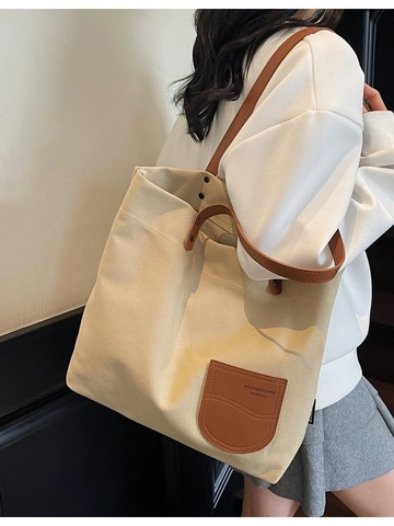 Women Large Capacity Canvas Tote Bag Retro Casual Shoulder Bag With Leather Strap Simple Korean Style Everyday Commuting Bag