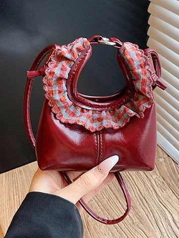 Borsa a Tracolla Mini Dumpling da Donna Manico con Volant Plaid in Pelle PU Piccola Borsa a Mano Moda Accessorio Dolce