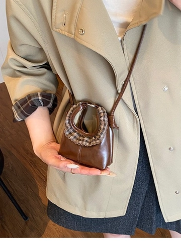 Borsa a Tracolla Mini Dumpling da Donna Manico con Volant Plaid in Pelle PU Piccola Borsa a Mano Moda Accessorio Dolce