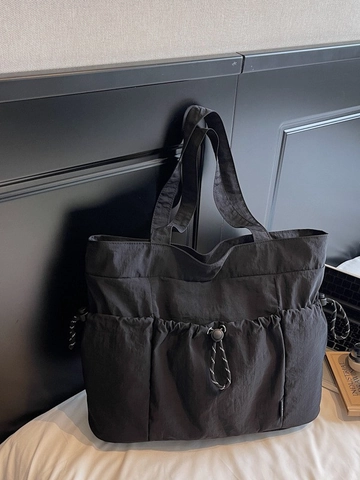 Women Large Capacity Nylon Tote Bag Lightweight Multi Pocket Drawstring Shoulder Bag Casual Solid Color Shopping Bag For Work Travel