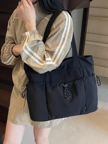 Women Large Capacity Nylon Tote Bag Lightweight Multi Pocket Drawstring Shoulder Bag Casual Solid Color Shopping Bag For Work Travel