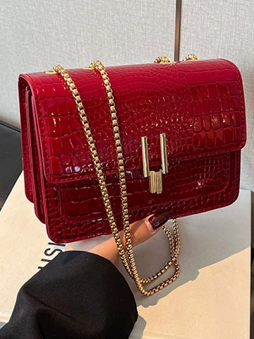 Sac Bandoulière Élégant pour Femmes Motif Crocodile avec Chaîne Petit Sac Carré en Cuir PU avec Serrure Métallique Dorée