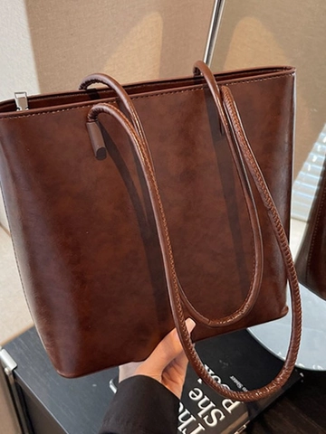 Women Vintage PU Leather Bucket Shoulder Bag Large Capacity Minimalist Tote Bag With Zipper Closure For Daily Commuting