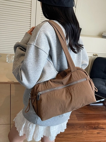 Women Large Capacity Nylon Tote Bag Minimalist Korean Style Commuter Shoulder Bag Multi Pocket Lightweight Handbag Daily Casual Zipper Closure