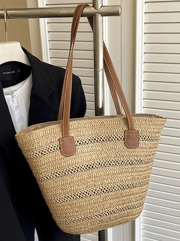 Women Large Capacity Woven Straw Tote Bag Casual Summer Beach Shoulder Bag Vacation Shopping Handbag Khaki Off-white