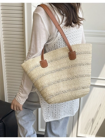 Women Large Capacity Woven Straw Tote Bag Casual Summer Beach Shoulder Bag Vacation Shopping Handbag Khaki Off-white