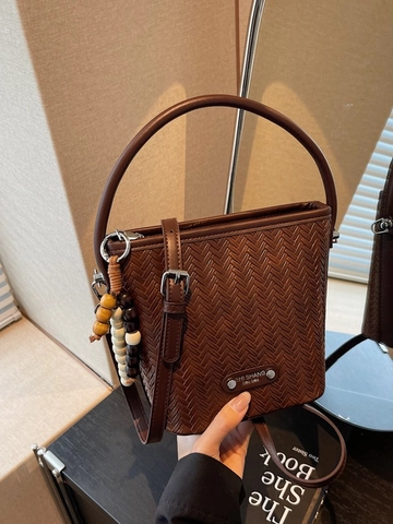 Women Vintage Braided PU Leather Bucket Bag Woven Texture Handbag With Bead Charm Casual Shoulder Crossbody Messenger Bag Lady