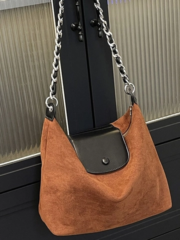 Dames Koreaanse Stijl Draagtas Grote Capaciteit Zacht Flanel Hobo Schoudertas Contrast Leren Flap Metalen Ketting Retro Okseltas
