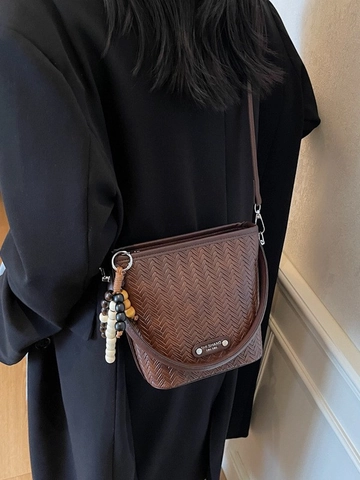 Women Vintage Braided PU Leather Bucket Bag Woven Texture Handbag With Bead Charm Casual Shoulder Crossbody Messenger Bag Lady