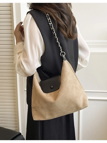 Dames Koreaanse Stijl Draagtas Grote Capaciteit Zacht Flanel Hobo Schoudertas Contrast Leren Flap Metalen Ketting Retro Okseltas