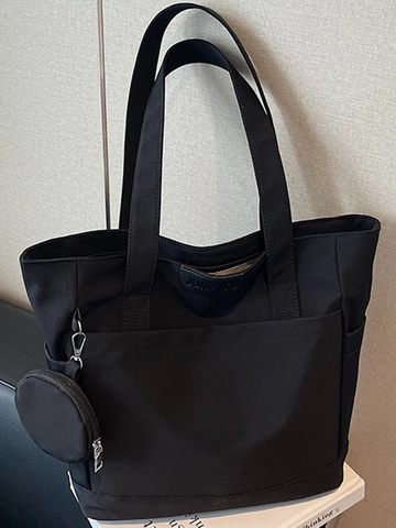 Simple Solid Canvas Tote Bag For Women Large Capacity Shoulder Bag With Round Coin Purse Pendant Fashion Commute Handbag