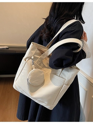 Simple Solid Canvas Tote Bag For Women Large Capacity Shoulder Bag With Round Coin Purse Pendant Fashion Commute Handbag
