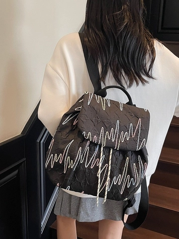 Zaino Trapuntato Ricamato da Donna Grande Capacità Zaino con Coulisse e Patta Moda Zaino Leggero Plissettato