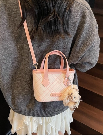 Karo Muster PU Leder Kleine Tote Bag Für Damen Vintage Kontrastfarbe Umhängetasche Mit Plüsch Anhänger Pendeln Handtasche