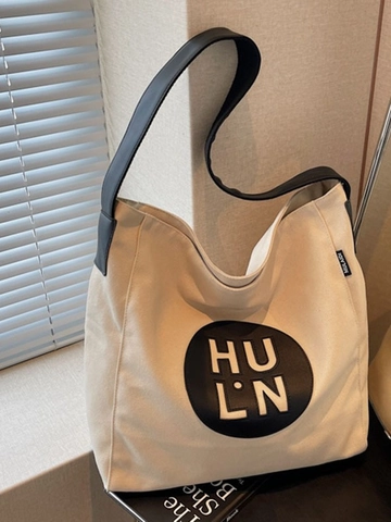 Dames Grote Capaciteit Canvas Tote Bag Casual Letter Patch Crossbody Tas Vintage Contrastkleur Schoudertas Boodschappentas