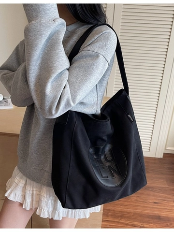 Dames Grote Capaciteit Canvas Tote Bag Casual Letter Patch Crossbody Tas Vintage Contrastkleur Schoudertas Boodschappentas