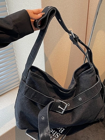 Retro Denim Große Kapazität Tote Bag Für Damen Gewaschene Cowboy Schultertasche Mit Breitem Gurt Metallschnallen Casual Tasche